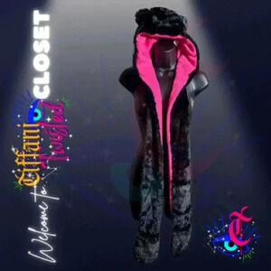 Black Faux Fur Teddy Bear Hood with Pink Paw Scarf Combo - Super Cute!